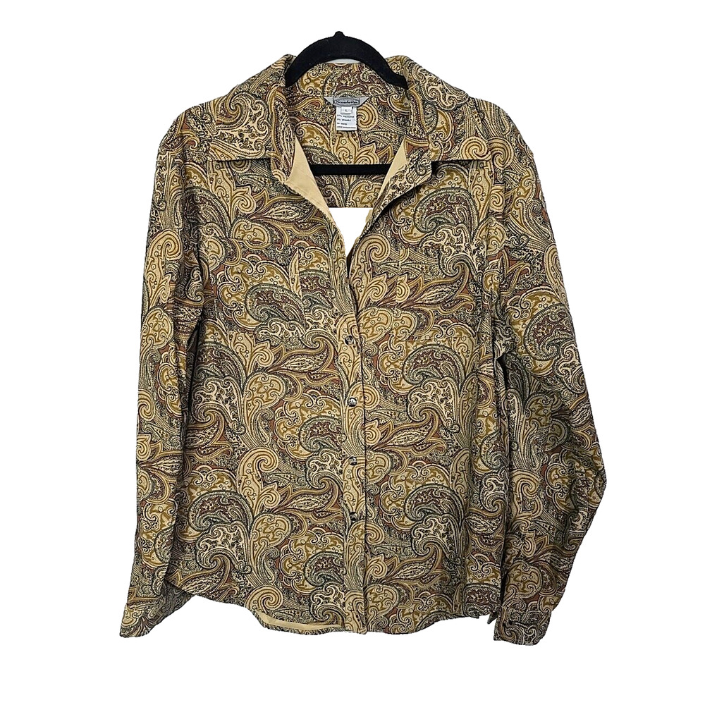 Vintage Western Sudbury Tan Paisley Long Sleeve Button Down Shirt Womens Large